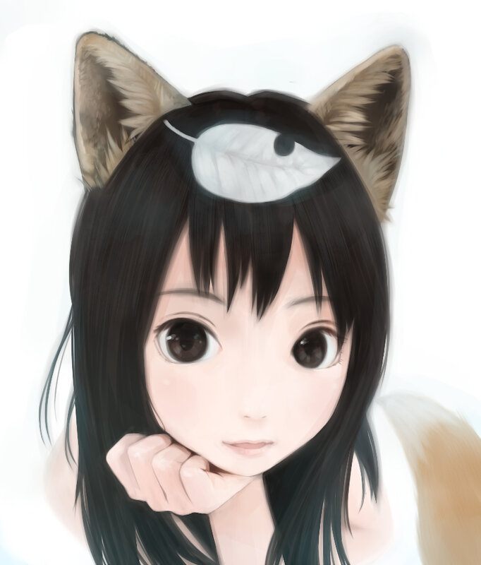 Anime Girl with Fox Ears — Black, Calm, Digital Art, Fox Ears, Leaf Headband