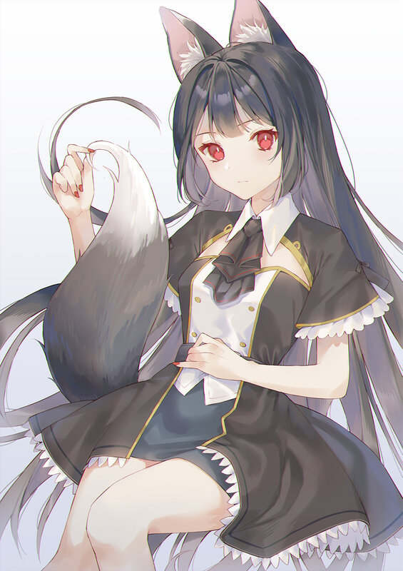 Anime Girl with Fox Ears — Black, Calm, Digital Art, Fox Ears, Red Eyes