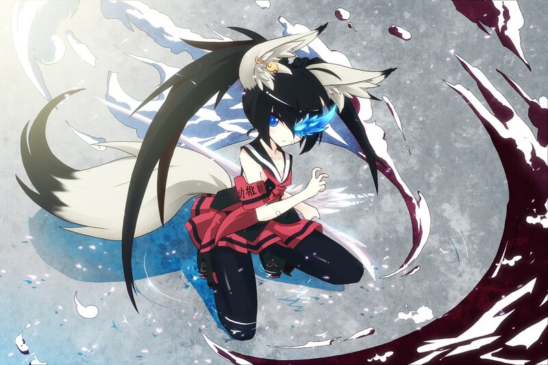 Anime Girl with Fox Ears — Black, Dramatic, Digital Art, Fox Tail, Blue Eyes, Red Outfit