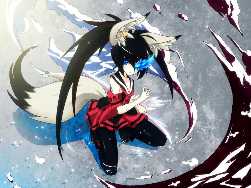 Anime Girl with Fox Ears — Black, Dramatic, Digital Art, Fox Tail