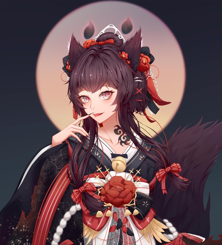 Anime Girl with Fox Ears — Black, Dramatic, Night, Digital Art, Fox Ears