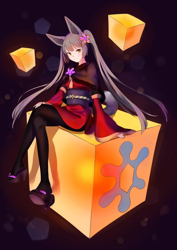 Anime Girl with Fox Ears — Black, Dramatic, Night, Digital Art