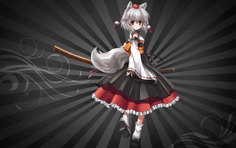 Anime Girl with Fox Ears — Black, Dramatic, Sword