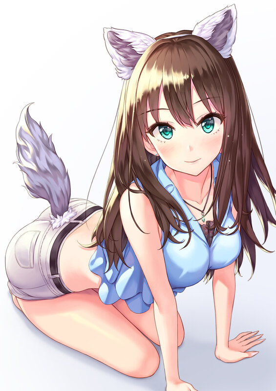 Anime Girl with Fox Ears — Blue, Playful, Digital Art, Fox Ears