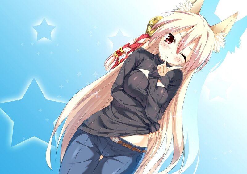 Anime Girl with Fox Ears — Blue, Playful, Fox Ears