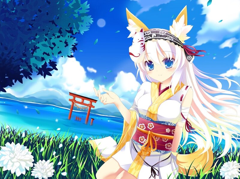 Anime Girl with Fox Ears — Blue, Serene, Afternoon, Digital Art, Fox Mask