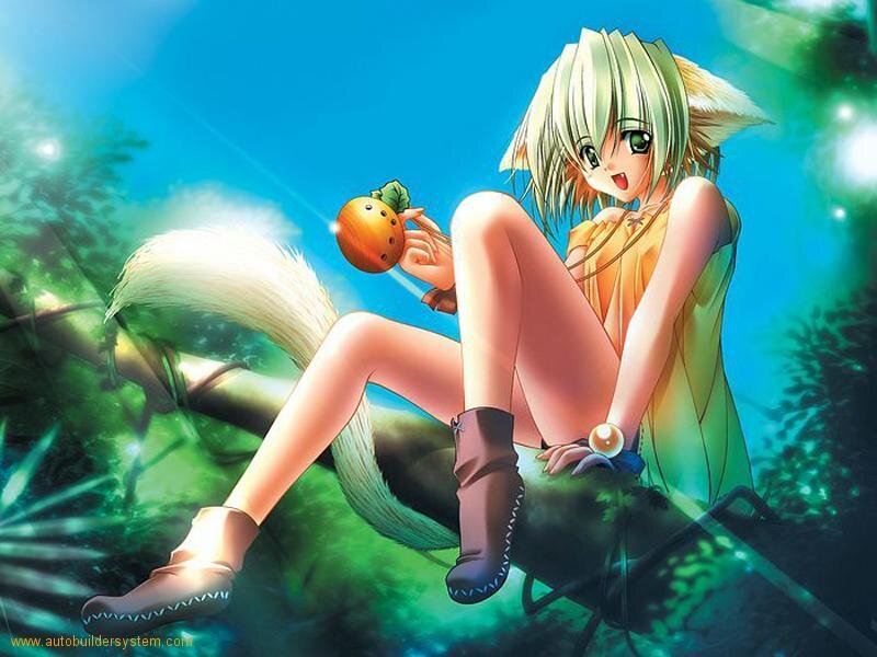 Anime Girl with Fox Ears — Blue, Serene, Afternoon, Fox Ears, Tail