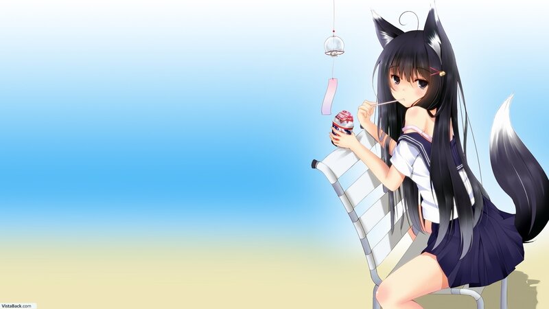 Anime Girl with Fox Ears — Blue, Serene, Afternoon, Ice Cream