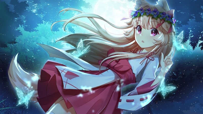 Anime Girl with Fox Ears — Blue, Serene, Night, Digital Art, Flowers