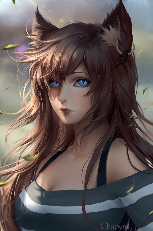 Anime Girl with Fox Ears — Brown, Calm, Autumn, Digital Art
