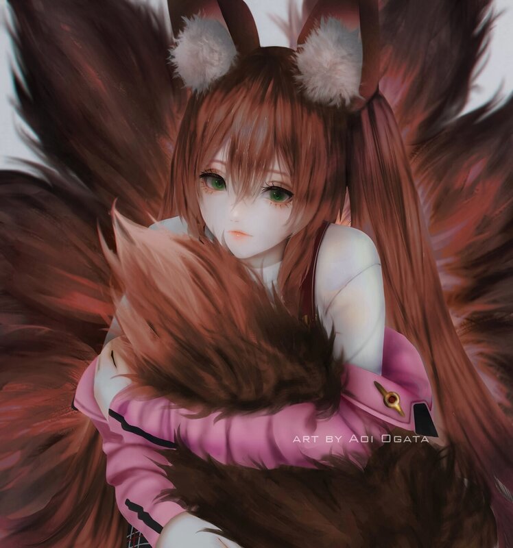 Anime Girl with Fox Ears — Brown, Calm, Digital Art, Fox Ears, Pink Jacket
