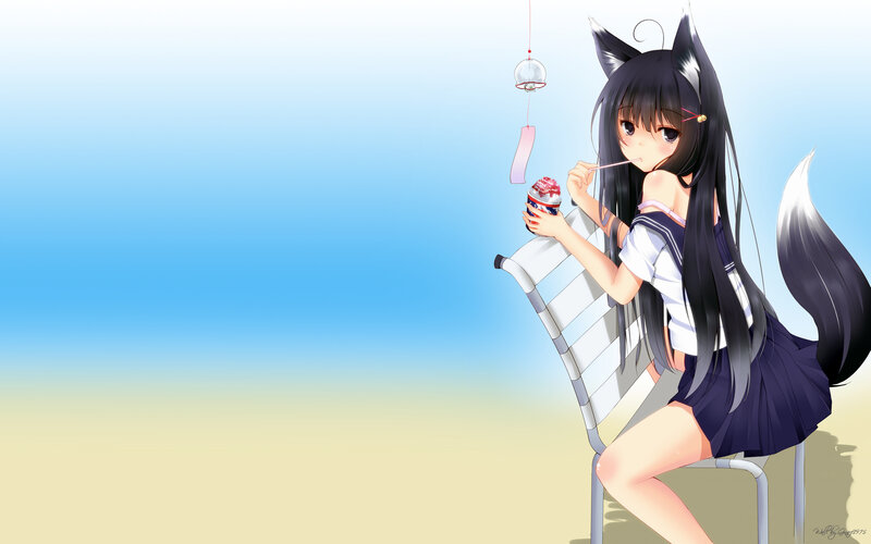 anime girl with fox ears eating ice cream