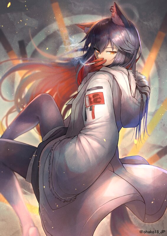 Anime Girl with Fox Ears — Gray, Dramatic, Digital Art