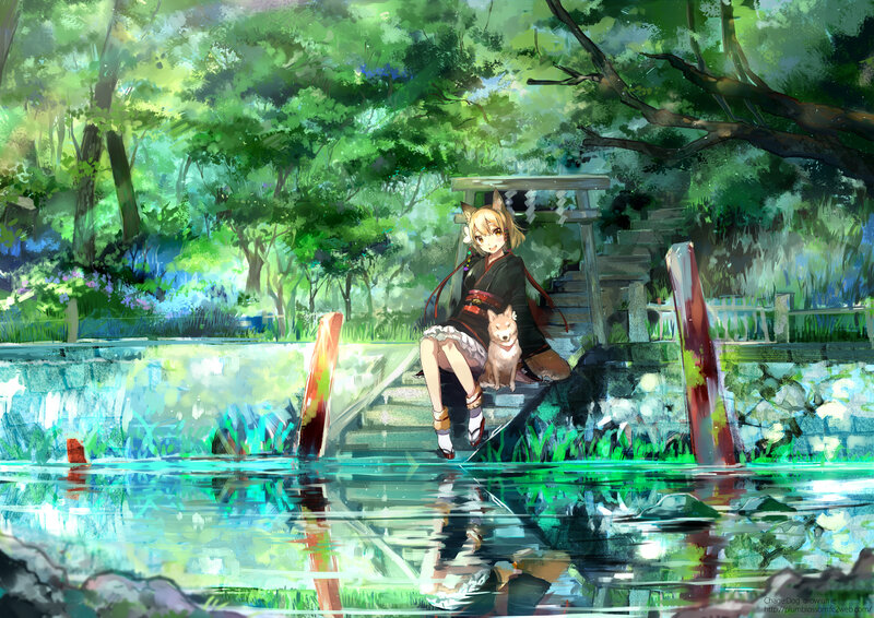 Anime Girl with Fox Ears — Green, Serene