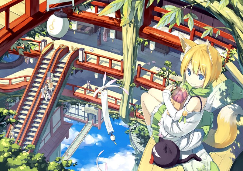 Anime girl with fox ears in a temple