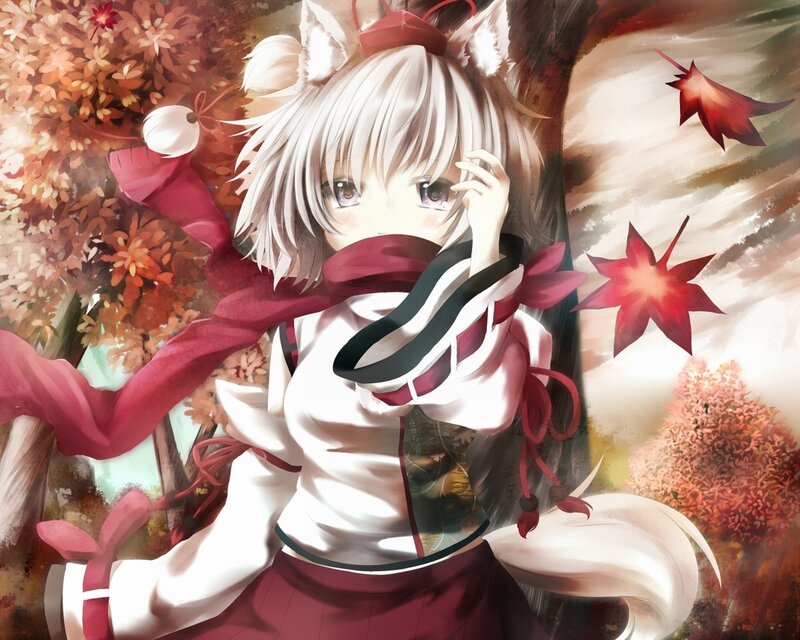 Anime girl with fox ears in autumn