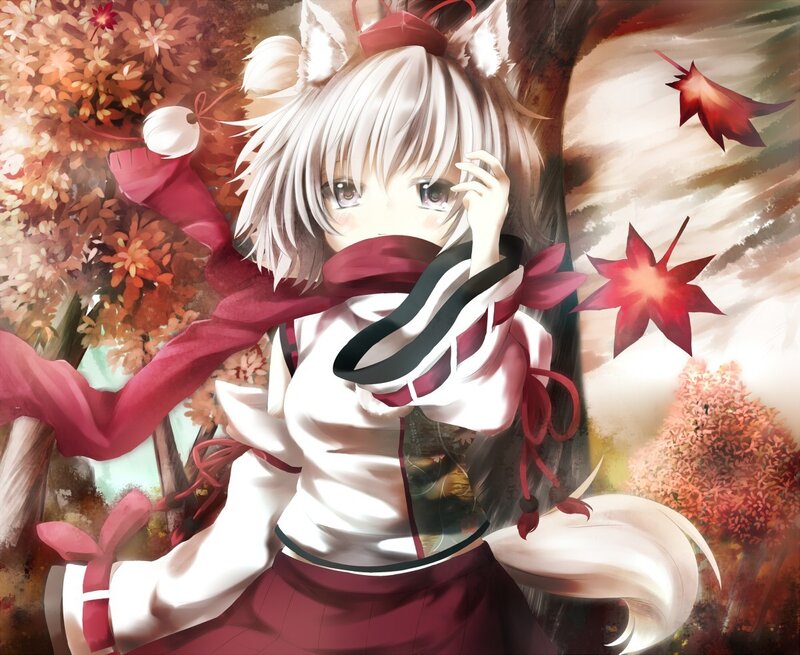 Anime girl with fox ears in autumn