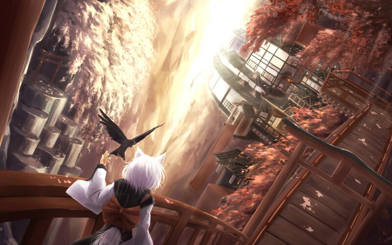 Anime girl with fox ears on a bridge