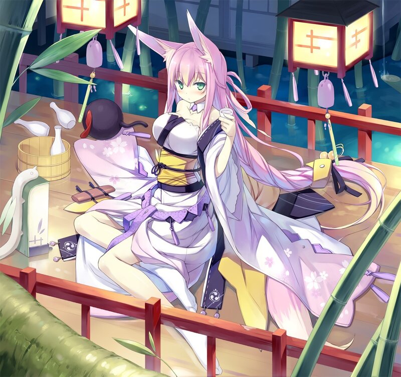 Anime girl with fox ears on a dock