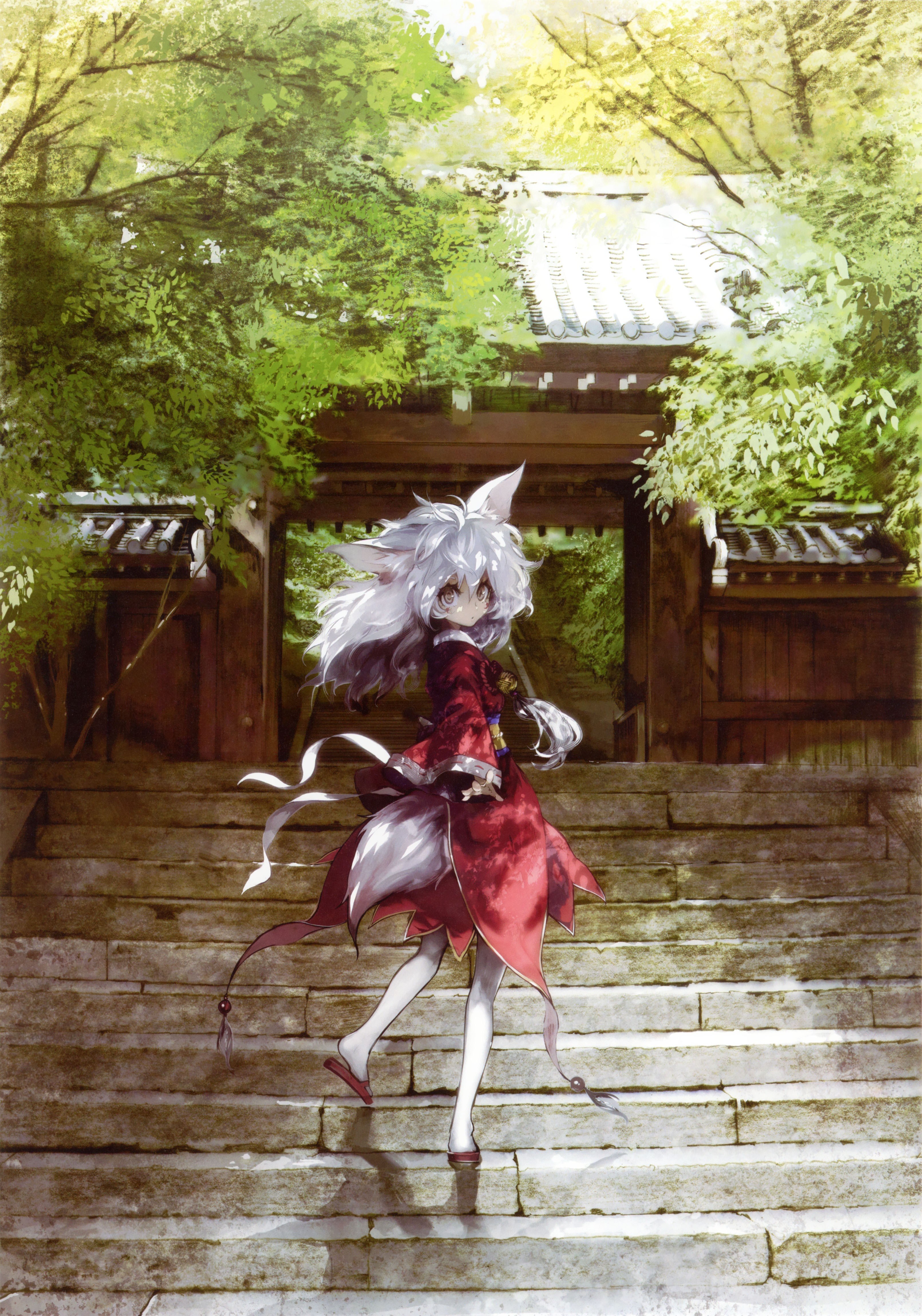 Anime girl with fox ears on steps