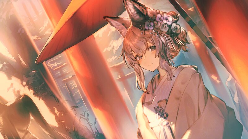 Anime Girl with Fox Ears — Orange, Serene, Sunset, Digital Art, Kimono