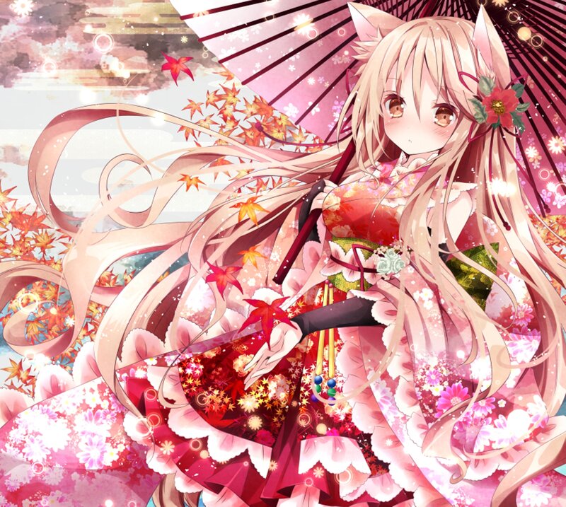 Anime Girl with Fox Ears — Pink, Serene, Autumn