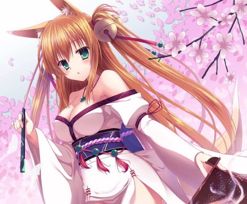 Anime Girl with Fox Ears — Pink, Serene, Spring, Cherry Blossoms