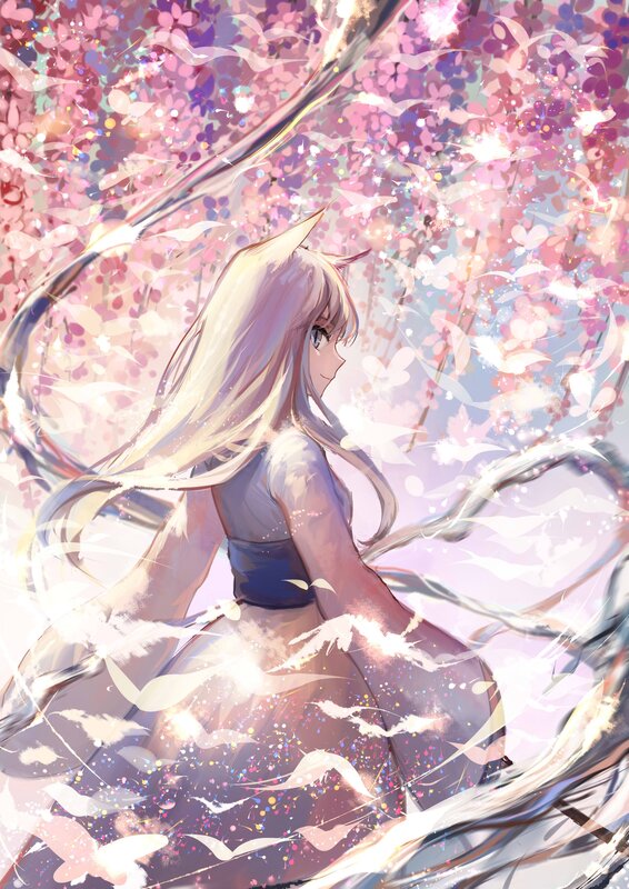 Anime Girl with Fox Ears — Pink, Serene, Spring, Digital Art, Cherry Blossoms