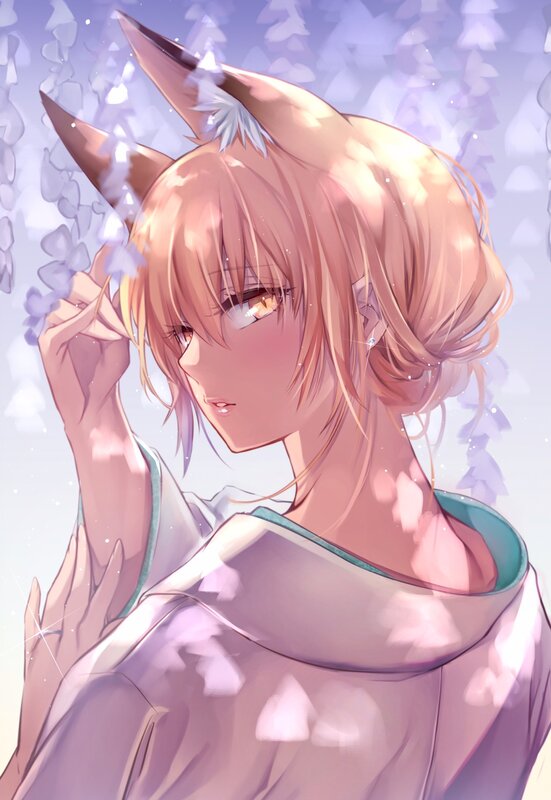 Anime Girl with Fox Ears — Pink, Serene, Spring, Digital Art, Fox Ears, Flowers