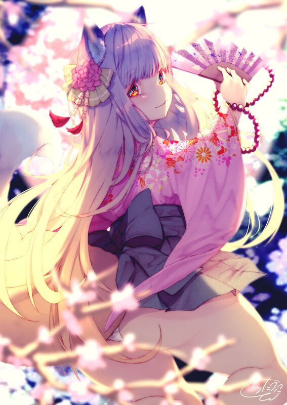 Anime Girl with Fox Ears — Pink, Serene, Spring, Digital Art, Kimono