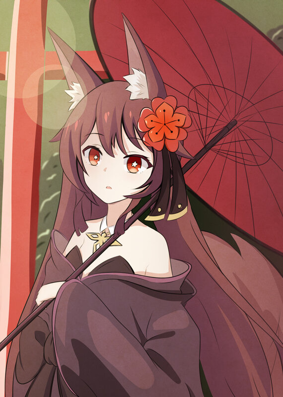 Anime Girl with Fox Ears — Purple, Calm, Digital Art, Flower