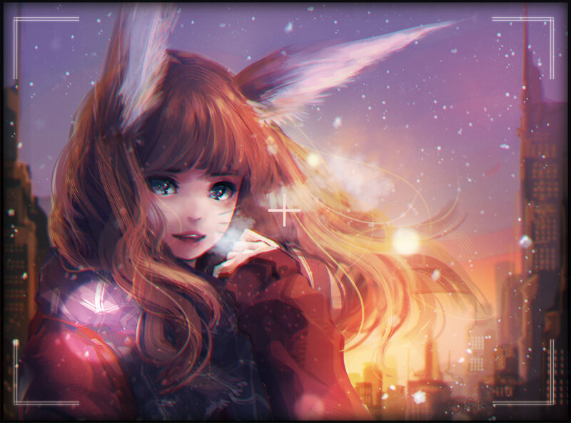 Anime Girl with Fox Ears — Purple, Dramatic, Sunset, Digital Art, Fox Ears, Cityscape