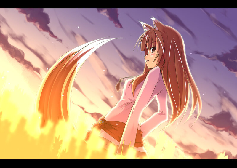 Anime Girl with Fox Ears — Purple, Dramatic, Sunset, Fox Ears, Tail
