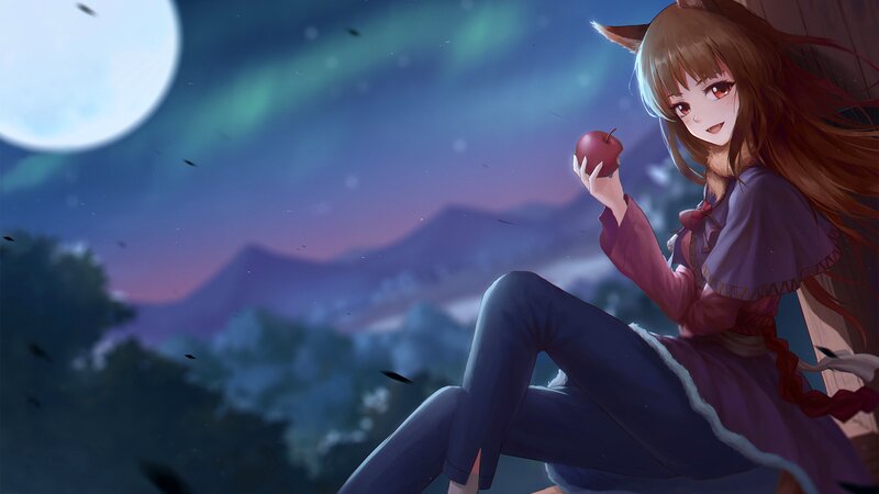 Anime Girl with Fox Ears — Purple, Serene, Night, Digital Art, Apple