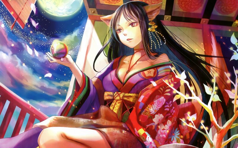Anime Girl with Fox Ears — Purple, Serene, Night, Digital Art, Kimono