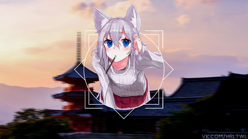 Anime Girl with Fox Ears — Purple, Serene, Sunset, Digital Art, Fox Ears, Temple