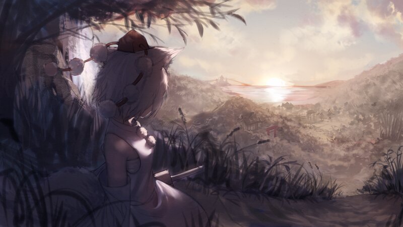 Anime Girl with Fox Ears — Purple, Serene, Sunset, Digital Art, Fox Ears