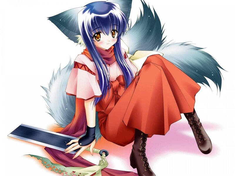 Anime Girl with Fox Ears — Red, Calm, Sword