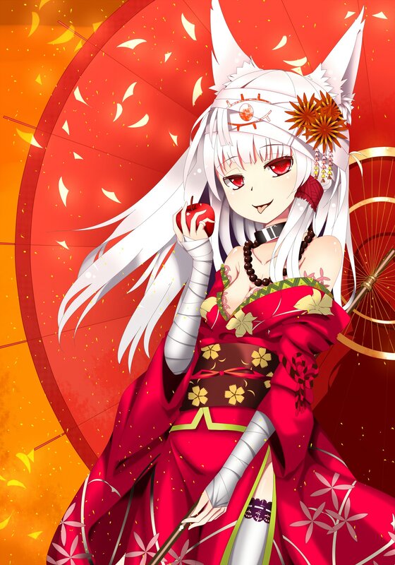 Anime Girl with Fox Ears — Red, Dramatic, Autumn, Digital Art, Red Kimono