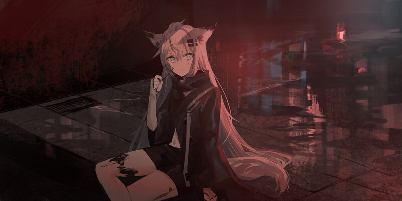 Anime Girl with Fox Ears — Red, Dramatic, Night, Digital Art, Fox Ears, Long Hair