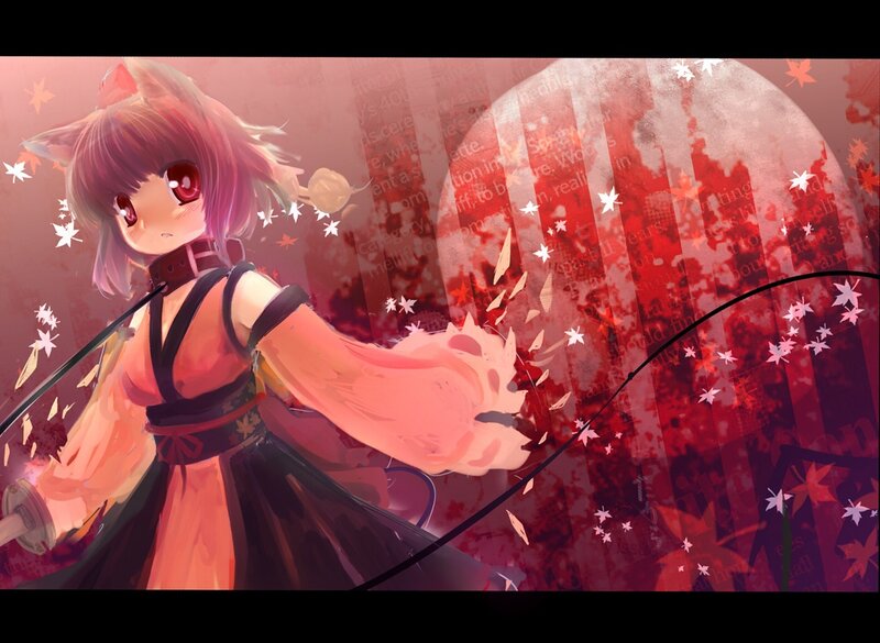 Anime Girl with Fox Ears — Red, Dramatic, Night, Digital Art, Fox Ears, Sakura Leaves