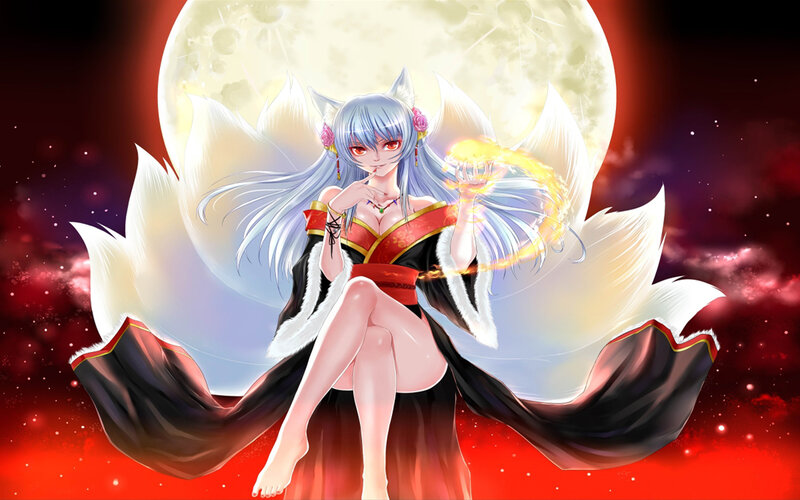 Anime Girl with Fox Ears — Red, Dramatic, Night