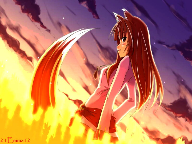 Anime Girl with Fox Ears — Red, Dramatic, Sunset
