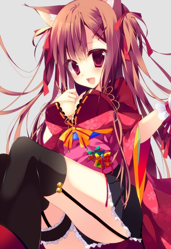 Anime Girl with Fox Ears — Red, Playful, Digital Art, Fox Ears, Kimono