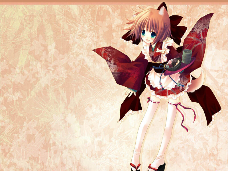 Anime Girl with Fox Ears — Red, Playful, Fox Ears, Kimono, Tail