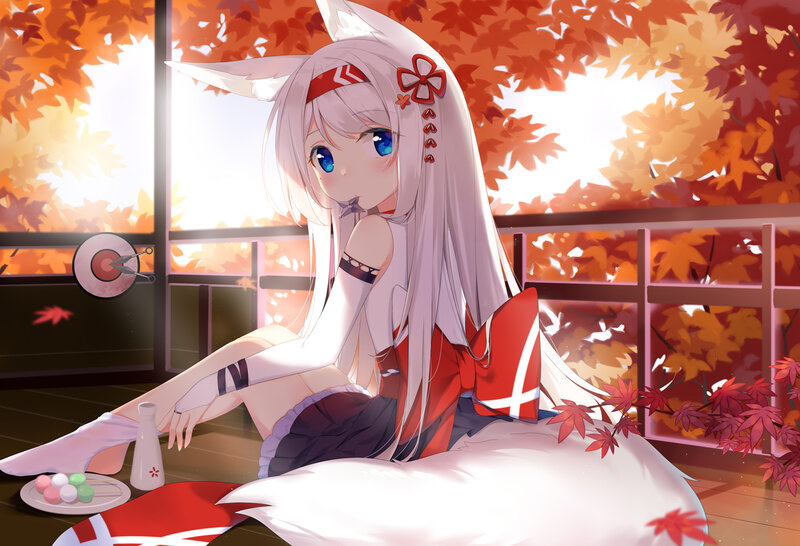 Anime Girl with Fox Ears — Red, Serene, Autumn, Digital Art, Fox Ears