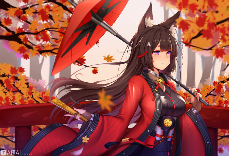 Anime Girl with Fox Ears — Red, Serene, Autumn, Digital Art, Red Umbrella