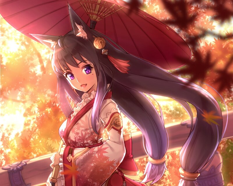 Anime Girl with Fox Ears — Red, Serene, Autumn, Digital Art
