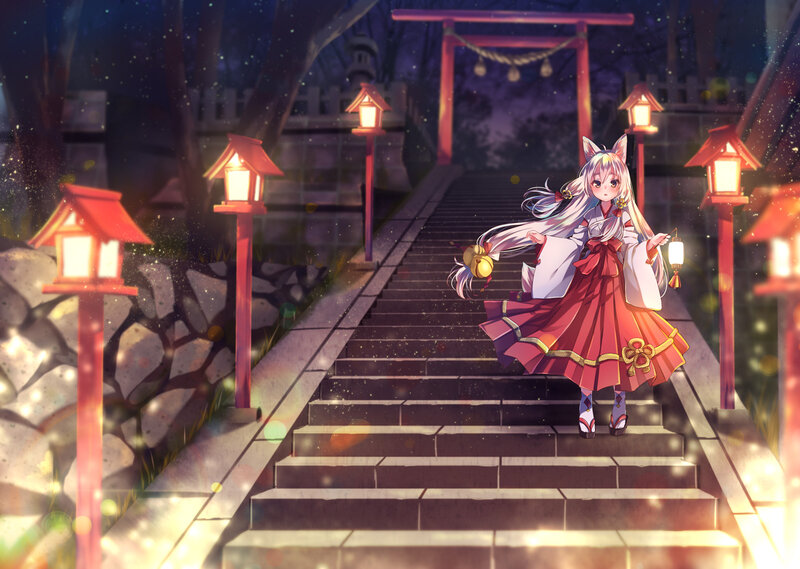 Anime Girl with Fox Ears — Red, Serene, Night