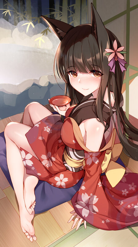 Anime Girl with Fox Ears — Red, Serene, Spring, Digital Art, Kimono, Tea Cup